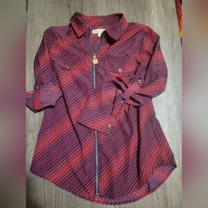 Michael Kors Red and Navy Polka Dot Zip-Up Shirt